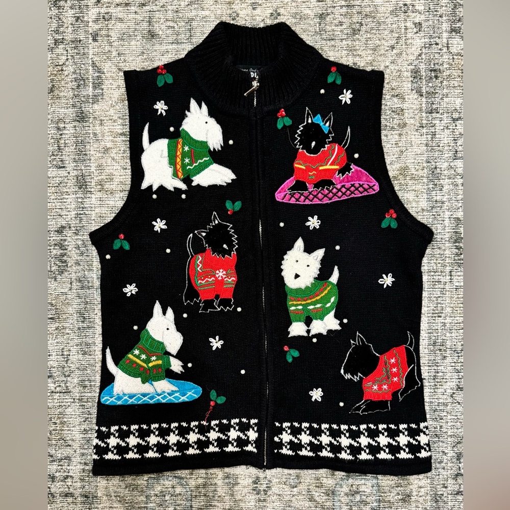 Designer Originals Studio Joy Women's S Black Christmas Sweater Vest Scotty Dogs